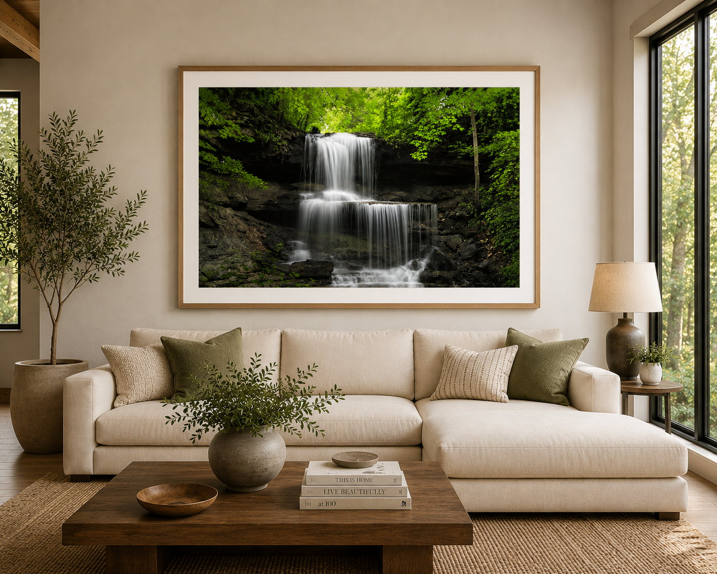 Calming Ohio waterfall artwork in a neutral modern living room above a sofa